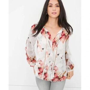 White House Black Market WHBM Petite Zaida White Floral Print Boho Blouse 0P